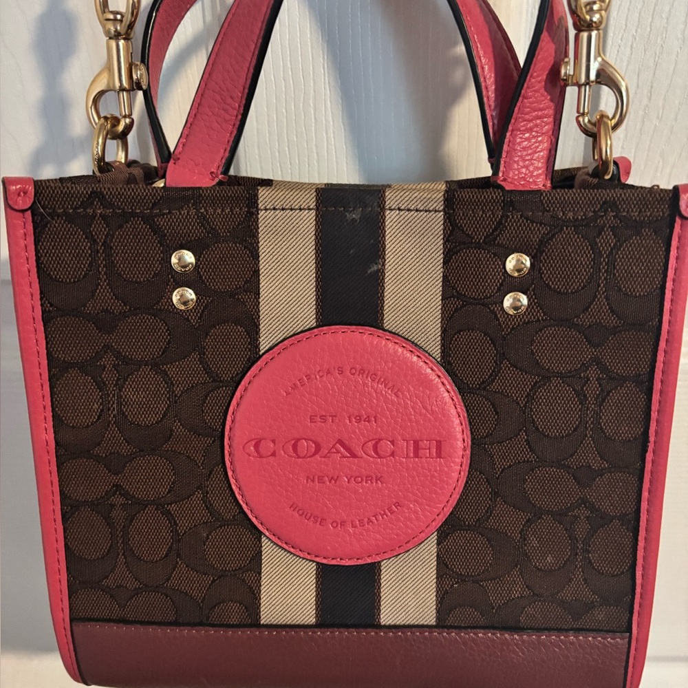 Coach Pink and Brown Monogram Tote with Leather Accents